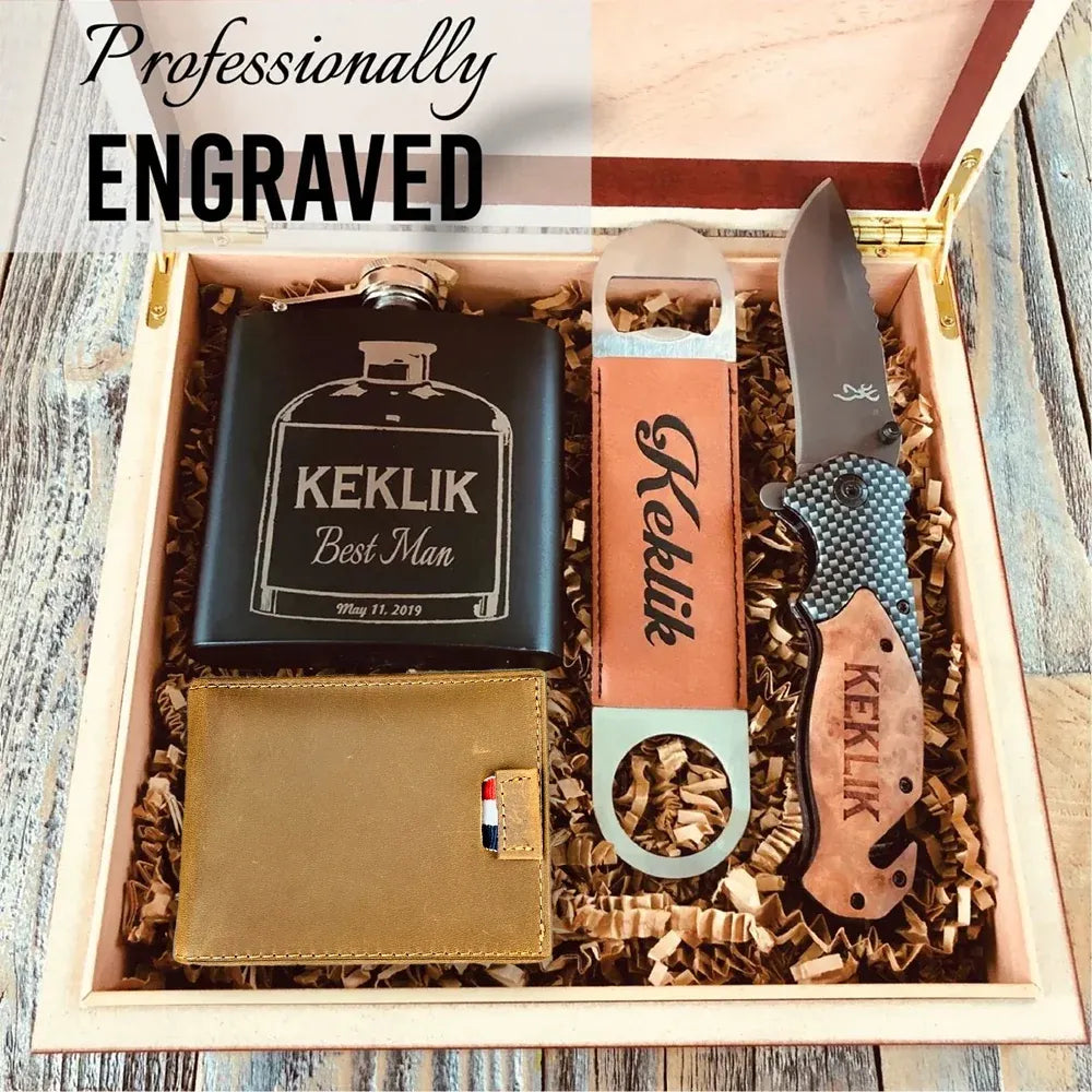 Personalized Groomsmen Gift Set with Engraved Wood Box, Selectable Flask, Wallet, Pocket Knife or Bottle Opener
