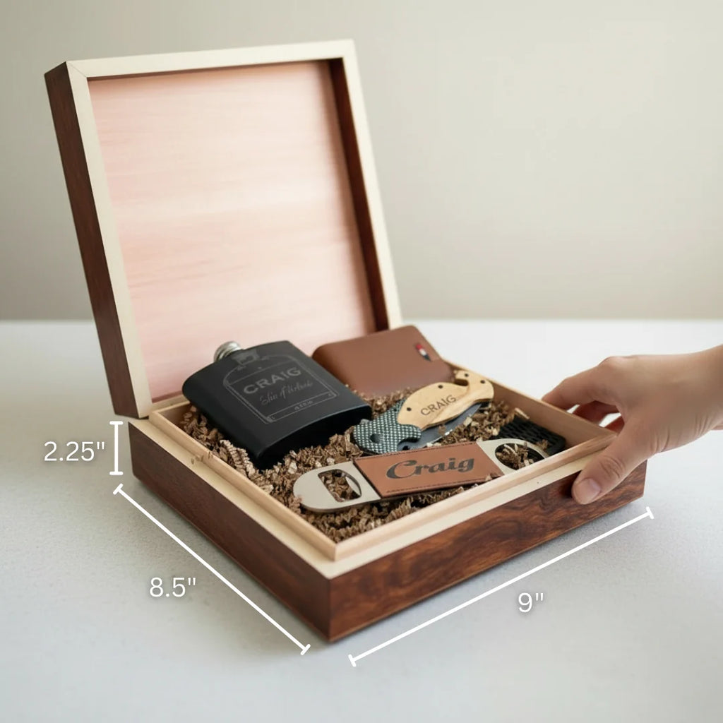 Personalized Groomsmen Gift Set with Engraved Wood Box, Selectable Flask, Wallet, Pocket Knife or Bottle Opener