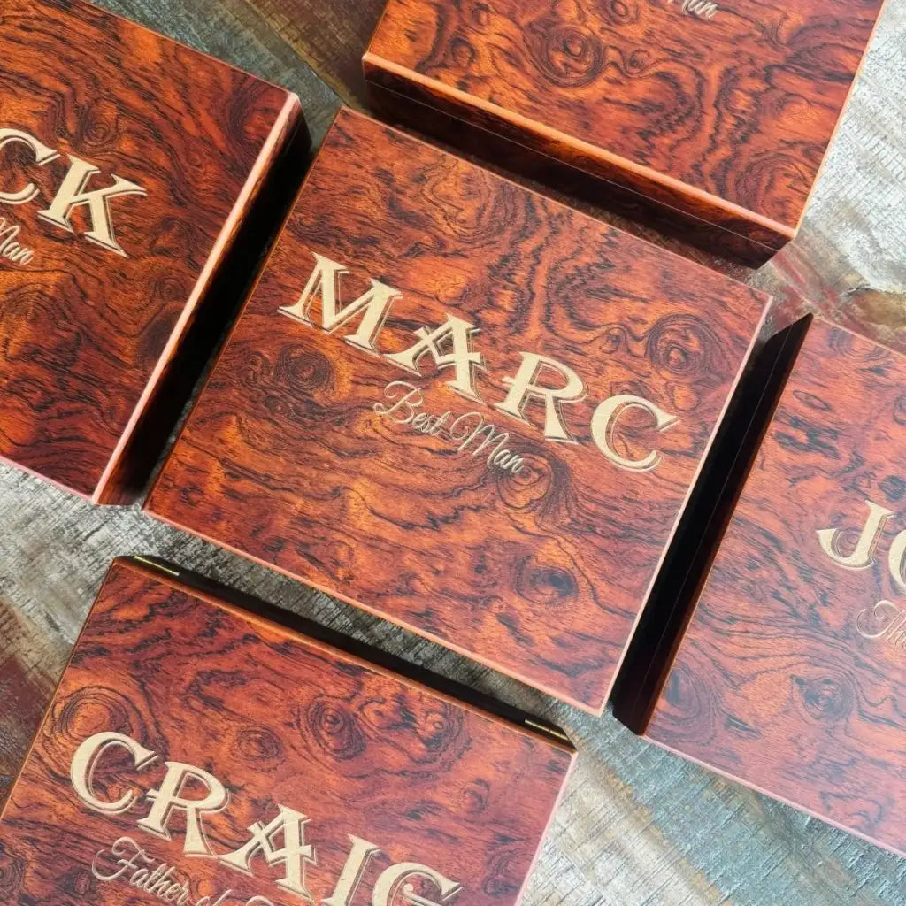 Personalized Groomsmen Gift Set with Engraved Wood Box, Selectable Flask, Wallet, Pocket Knife or Bottle Opener