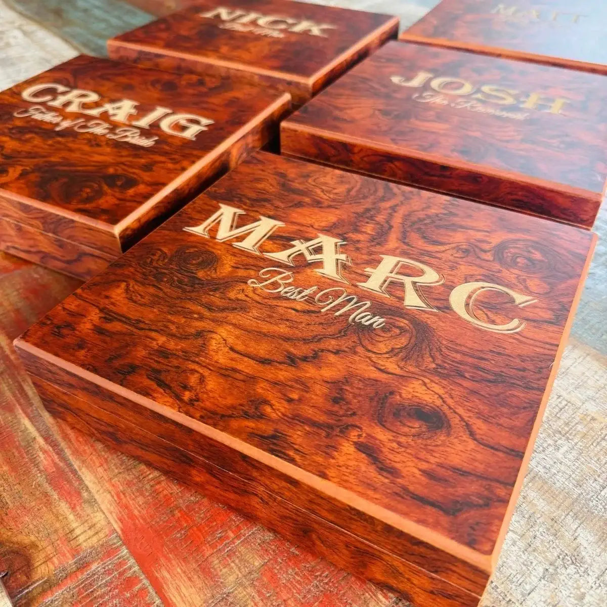 Personalized Groomsmen Gift Set with Engraved Wood Box, Selectable Flask, Wallet, Pocket Knife or Bottle Opener