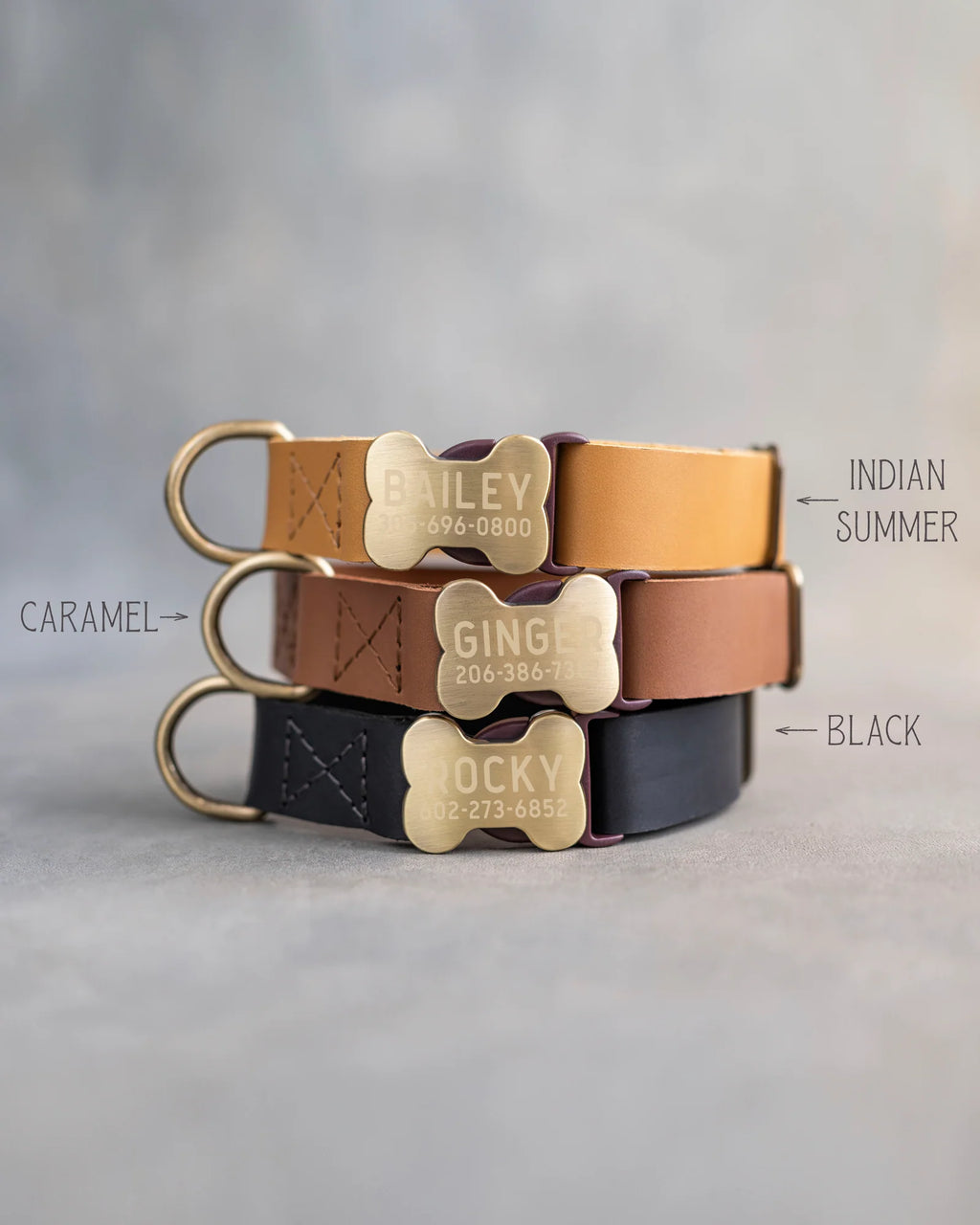 Personalized Leather Dog Collar with Bone-Shaped Buckle, Fast-Release Closure and Custom Name Text