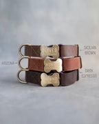 Personalized Leather Dog Collar with Bone-Shaped Buckle, Fast-Release Closure and Custom Name Text
