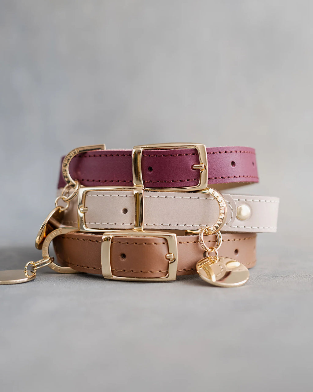 Personalized Leather Dog Collar with Engraved Three-Line ID Plate and Classic Adjustable Belt Buckle