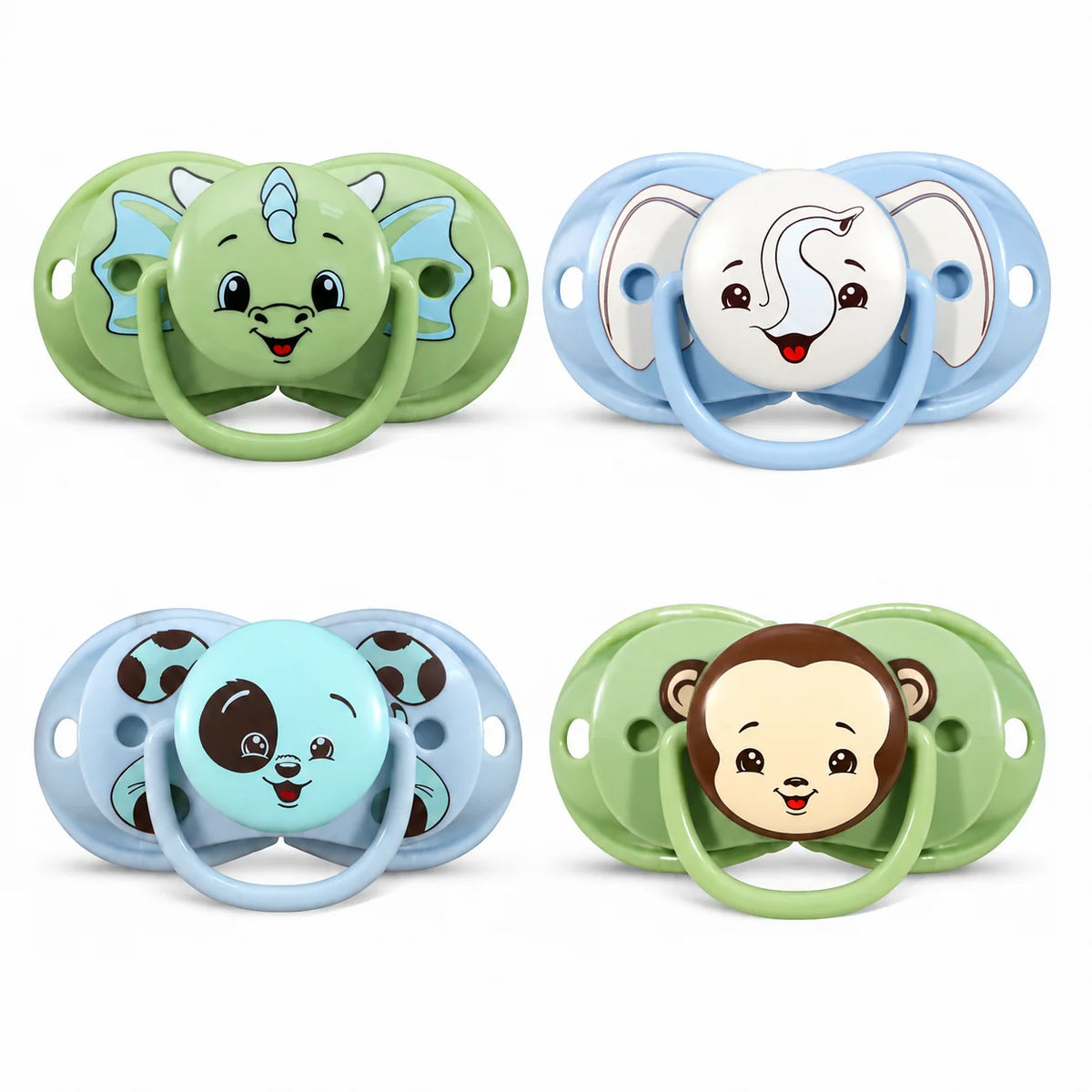 Personalized Pacifier Four-Pack for Ages 0–36 Months Featuring a Design That Closes When Dropp — Dragon Puppy Elephant Monkey