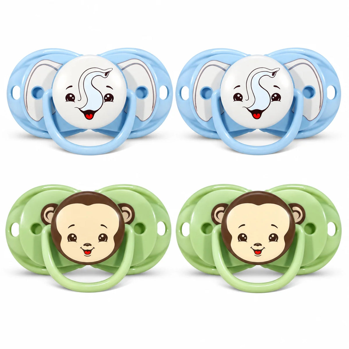 Personalized Pacifier Four-Pack for Ages 0–36 Months Featuring a Design That Closes When Dropped — Monkey Elephant