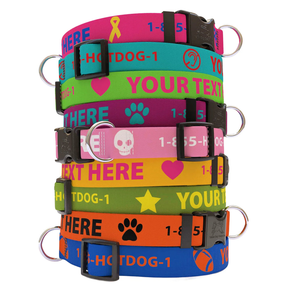 Personalized Pet Collar in Solid Colors with Custom Text and Optional Art Icons, Machine Washable Polyester