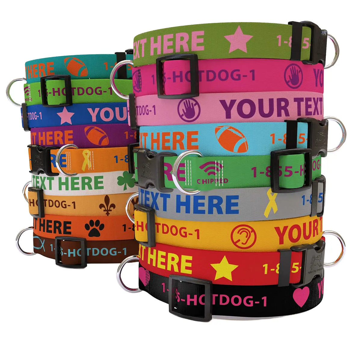 Personalized Pet Collar in Solid Colors with Custom Text and Optional Art Icons, Machine Washable Polyester