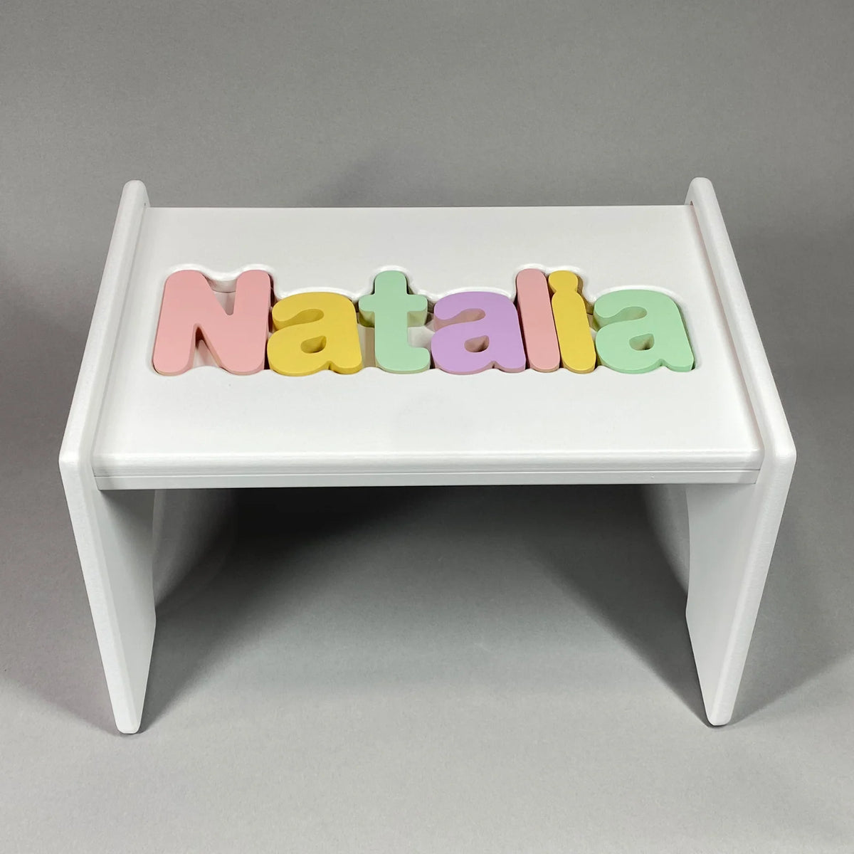 Personalized Puzzle Step Stool for Children with Name Letter Pieces, Rounded Edges and Handcrafted Maple MDF