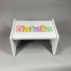Personalized Puzzle Step Stool for Children with Name Letter Pieces, Rounded Edges and Handcrafted Maple MDF