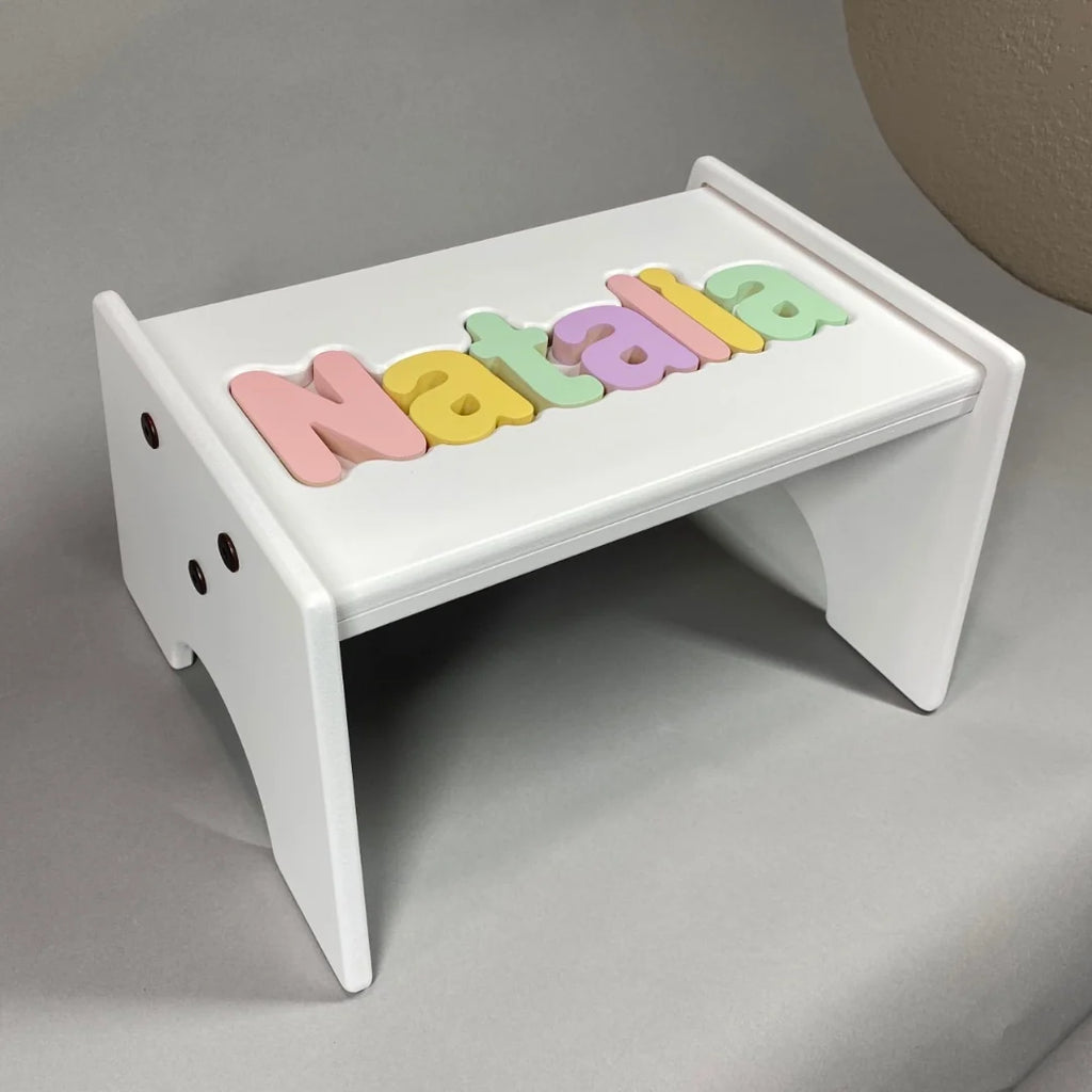 Personalized Puzzle Step Stool for Children with Name Letter Pieces, Rounded Edges and Handcrafted Maple MDF