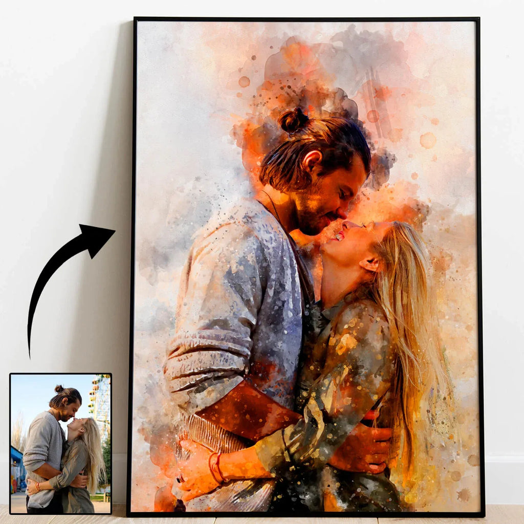 Personalized Watercolor Portrait Print with Optional Wood Frame and Mat in Four Display Sizes