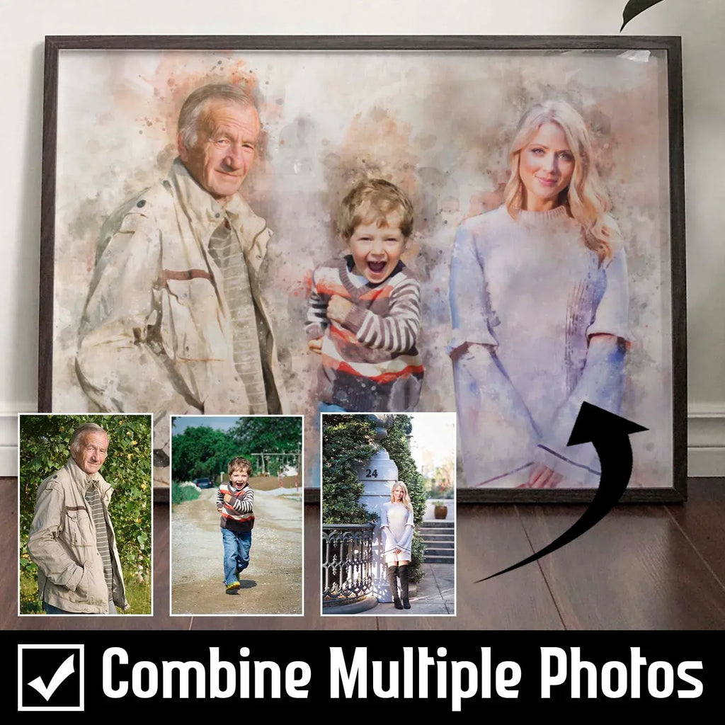 Personalized Watercolor Portrait Print with Optional Wood Frame and Mat in Four Display Sizes