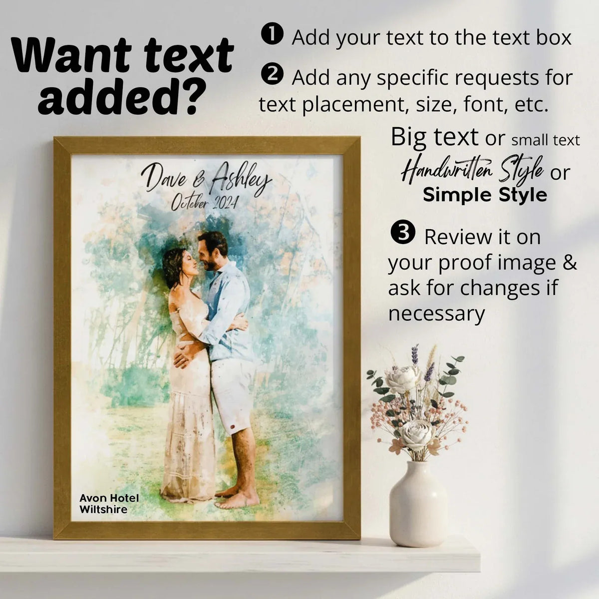 Personalized Watercolor Portrait Print with Optional Wood Frame and Mat in Four Display Sizes
