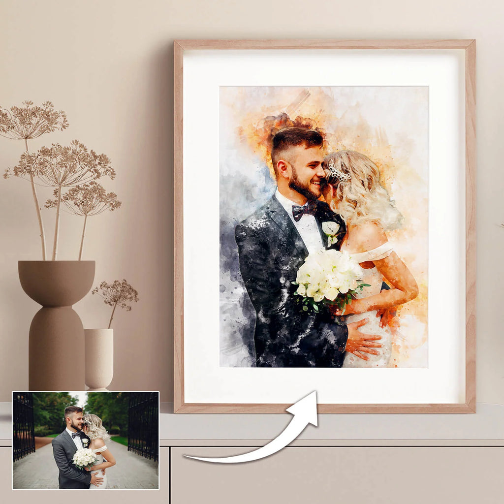 Personalized Watercolor Portrait Print with Optional Wood Frame and Mat in Four Display Sizes