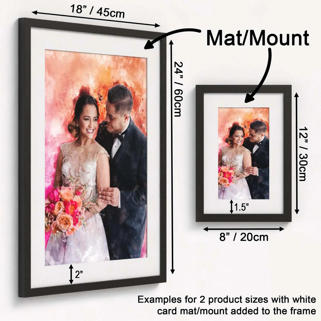 Personalized Watercolor Portrait Print with Optional Wood Frame and Mat in Four Display Sizes