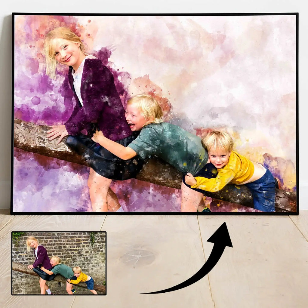 Personalized Watercolor Portrait Print with Optional Wood Frame and Mat in Four Display Sizes