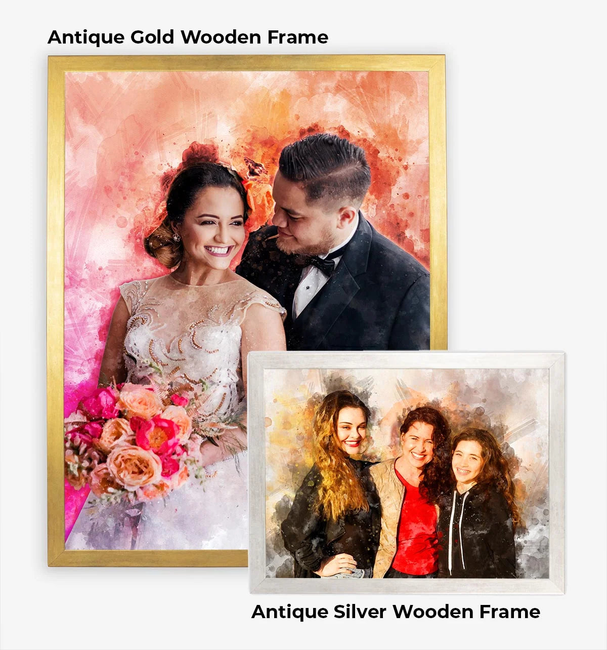 Personalized Watercolor Portrait Print with Optional Wood Frame and Mat in Four Display Sizes