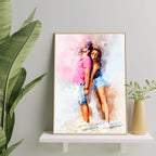 Personalized Watercolor Portrait Print with Optional Wood Frame and Mat in Four Display Sizes