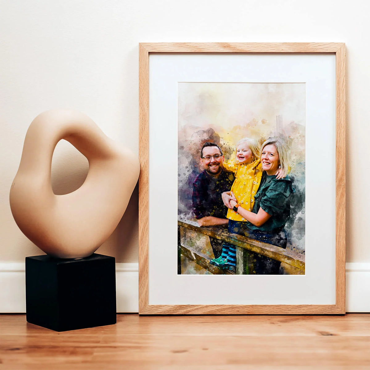 Personalized Watercolor Portrait Print with Optional Wood Frame and Mat in Four Display Sizes