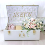 Personalized Wedding Keepsake Trunk with Quilted Fabric Interior and Gold Hardware in Medium or Large