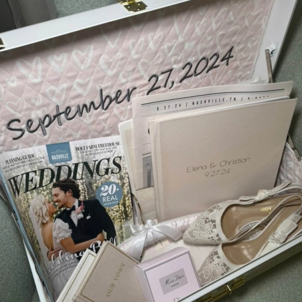Personalized Wedding Keepsake Trunk with Quilted Fabric Interior and Gold Hardware in Medium or Large