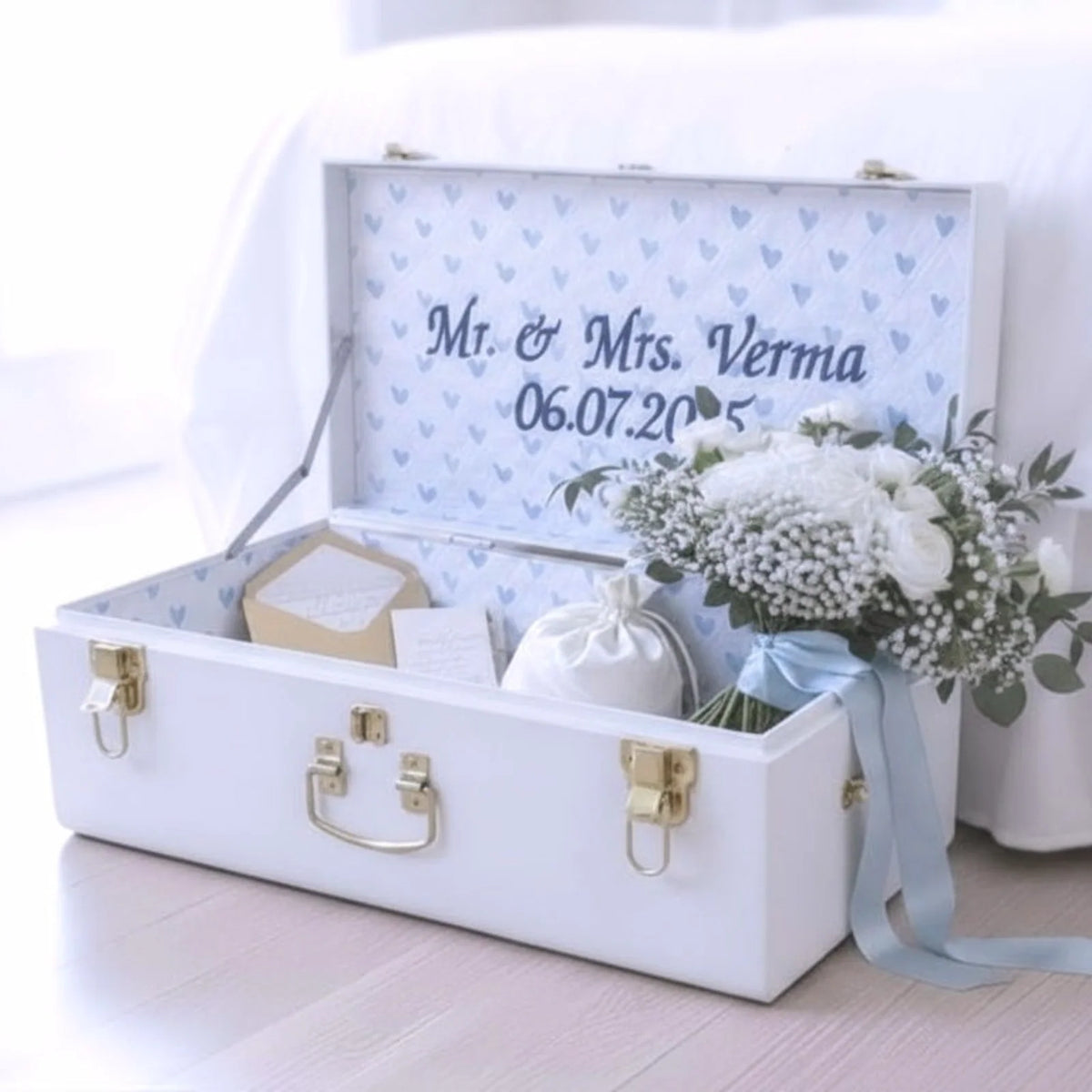Personalized Wedding Keepsake Trunk with Quilted Fabric Interior and Gold Hardware in Medium or Large