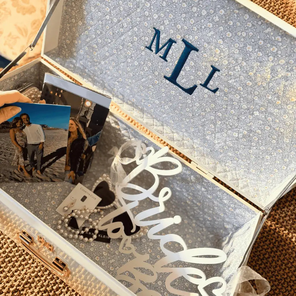 Personalized Wedding Keepsake Trunk with Quilted Fabric Interior and Gold Hardware in Medium or Large