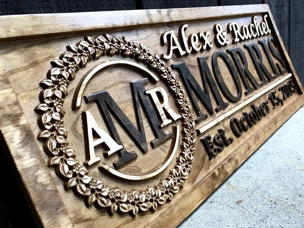Personalized Wood Carved Last Name Sign with 3D Wreath Lettering, Solid Pine and — 9.25" x 23" / 11.25" x 28" / 11.25" x 36"