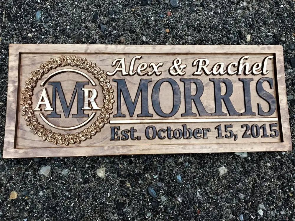 Personalized Wood Carved Last Name Sign with 3D Wreath Lettering, Solid Pine and Custom Family Text