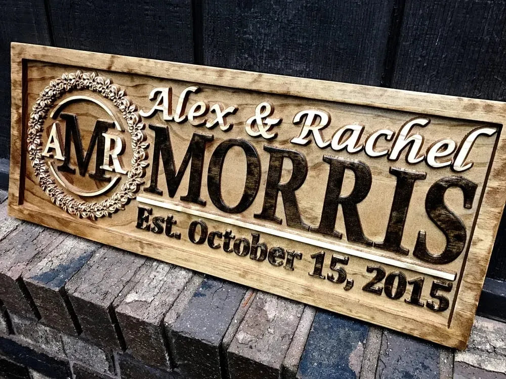 Personalized Wood Carved Last Name Sign with 3D Wreath Lettering, Solid Pine and Custom Family Text