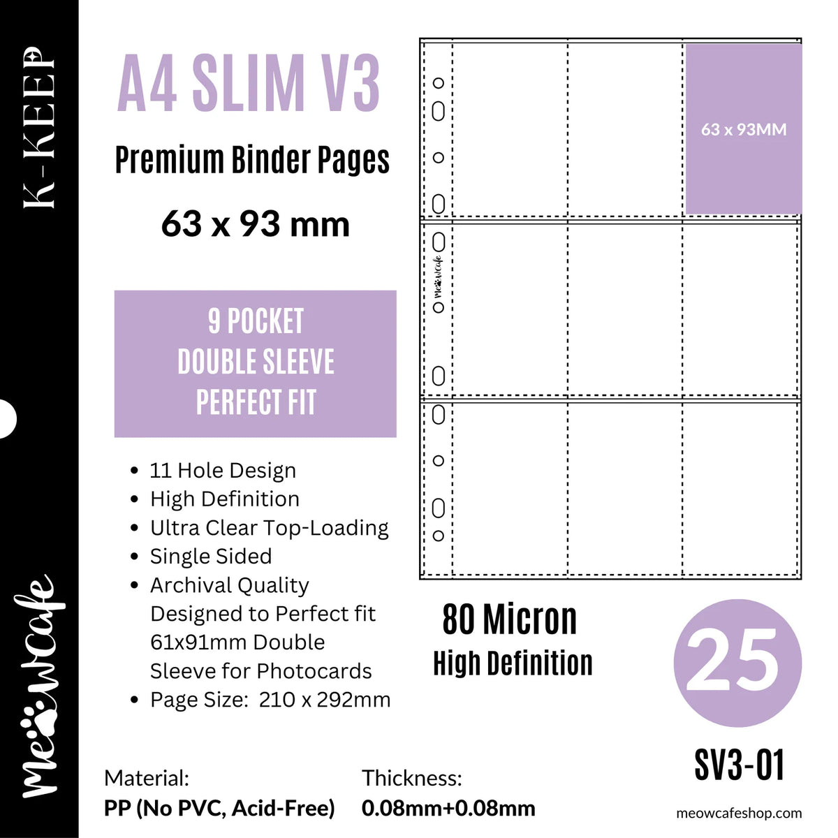 Photocard Binder Refill Pages, A4 9-Pocket 11-Hole Side-Loading Sleeves for 61 x 91 mm Double-Sleeved Cards