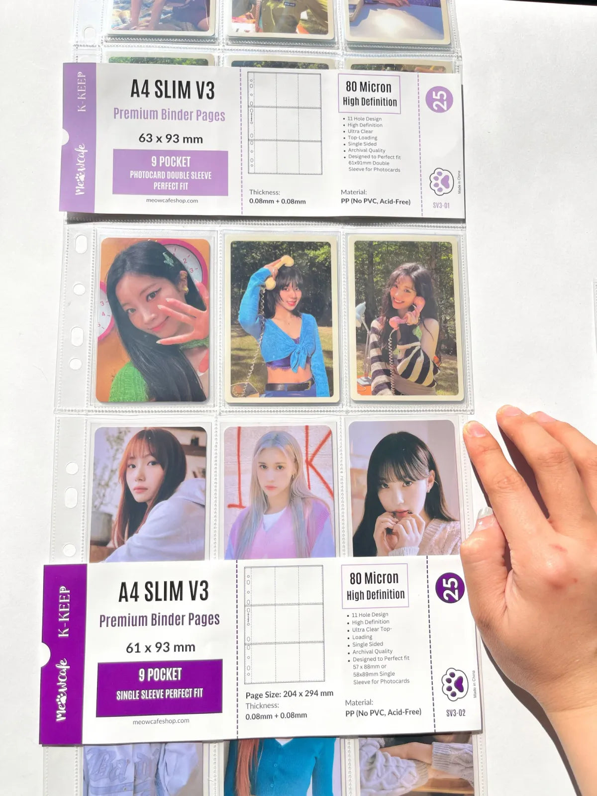 Photocard Binder Refill Pages, A4 9-Pocket 11-Hole Side-Loading Sleeves for 61 x 91 mm Double-Sleeved Cards