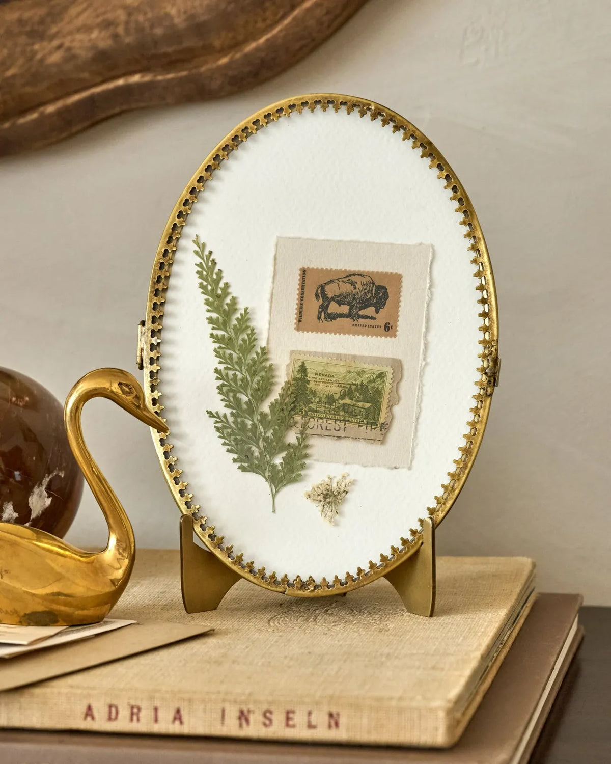 Picture Frame with Antique Brass Finish, Collapsible Easel Stand and Wall-Hanging Hook for Photos, Art or Pressed Florals