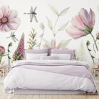 Pink Daisy Wallpaper Mural with Watercolour Flowers and Dragonflies Against a Subtle White Backdrop