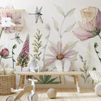 Pink Daisy Wallpaper Mural with Watercolour Flowers and Dragonflies Against a Subtle White Backdrop
