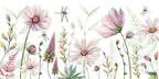 Pink Daisy Wallpaper Mural with Watercolour Flowers and Dragonflies Against a Subtle White Backdrop