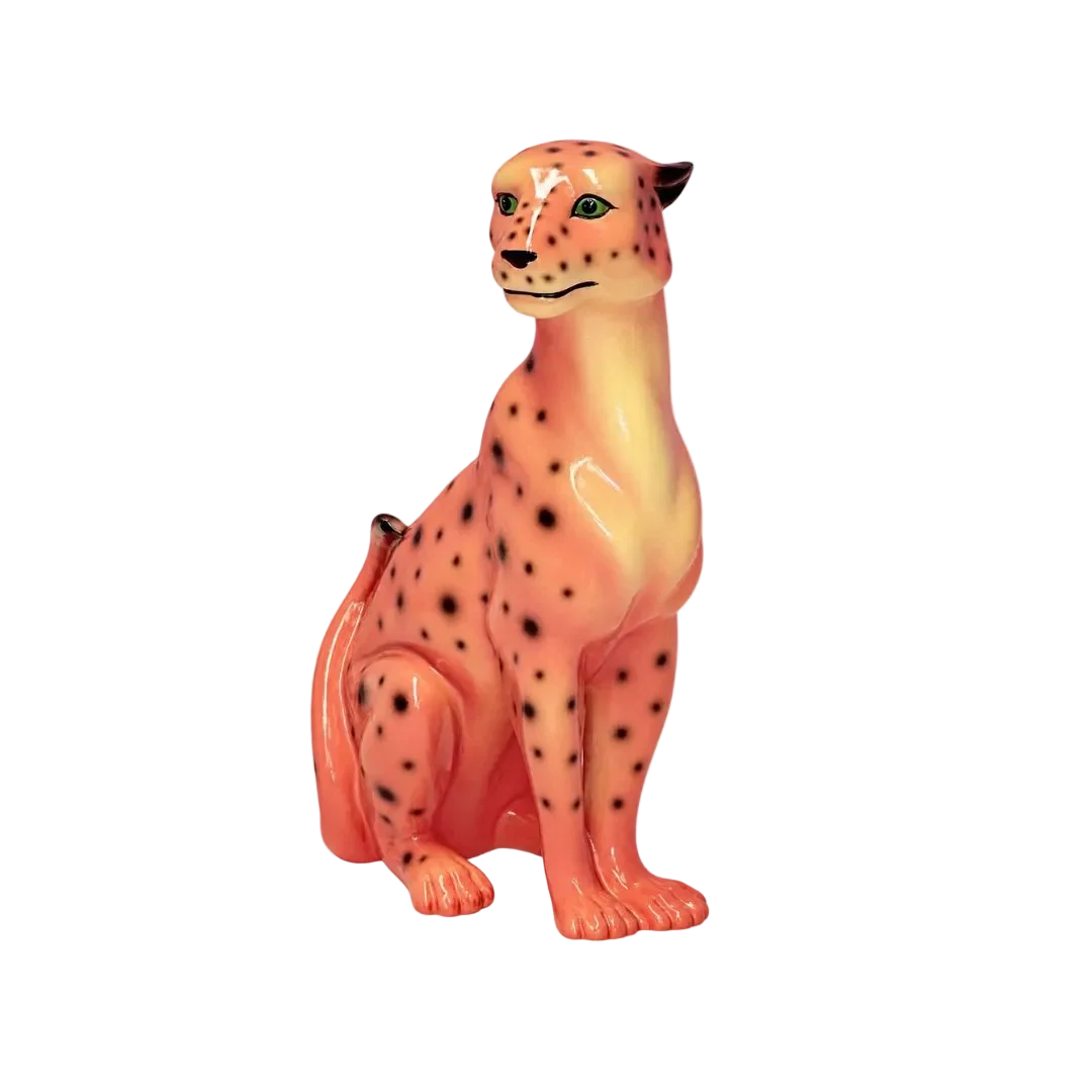 Pink Leopard Statue in Handcrafted Resin for Playful Home Decor and Big Cat Enthusiast Displays