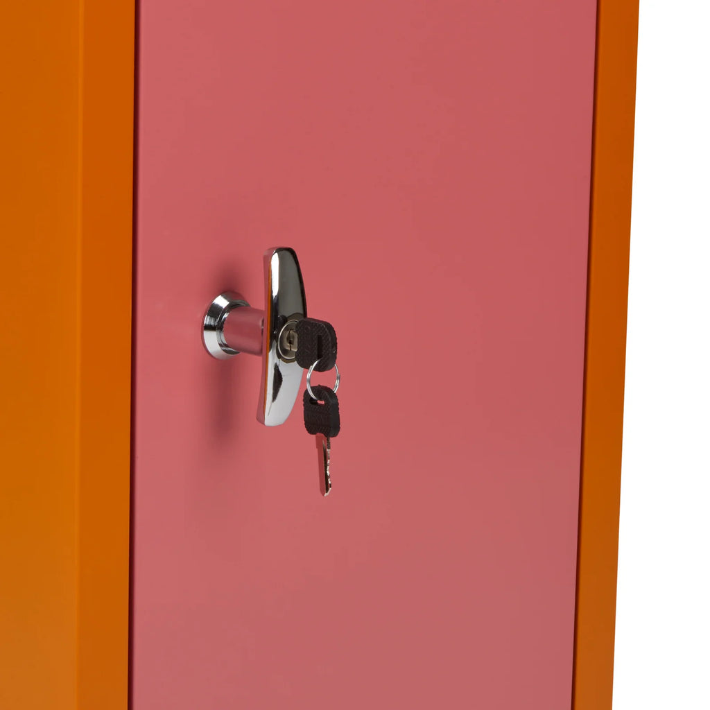 Pink Metal Locker and Side Table in Powder-Coated Steel with an Adjustable Shelf and Keyed Handle