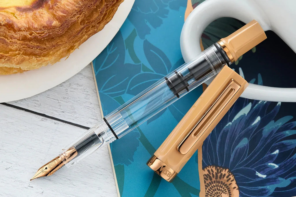 Piston Fountain Pen with Clear Ink-View Barrel, Brown Cap, Bronze Trim and Four Nib Sizes for Everyday Writing