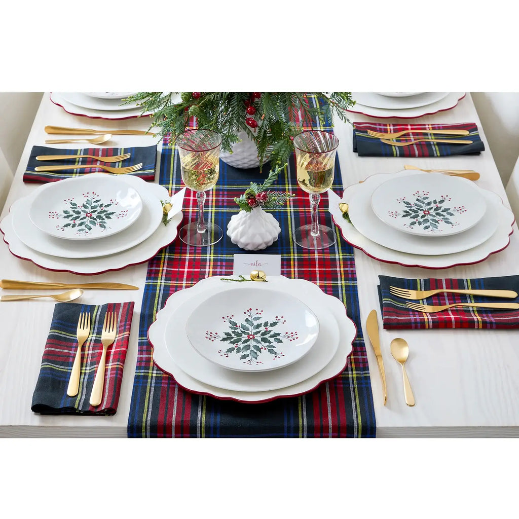 Plaid Linen Table Runner in White or Black, 14-Inch Width with Lengths from 36 to 156 Inches