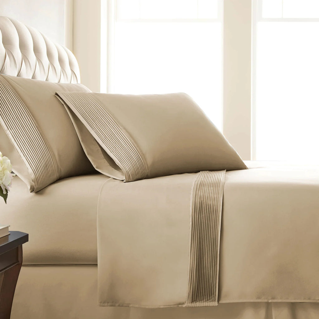 Pleated Microfiber Bed Sheet Set with 21-Inch Extra Deep Pockets for a Soft and Coordinated Bedro — Sand / Full / Sand / King