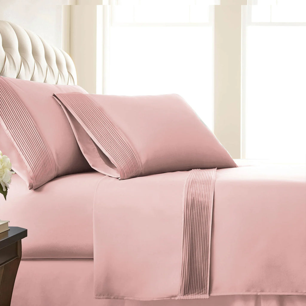 Pleated Microfiber Bed Sheet Set with 21-Inch Extra Deep Pockets for a Soft and Coordinated Bedroom — Pastel Pink / Queen