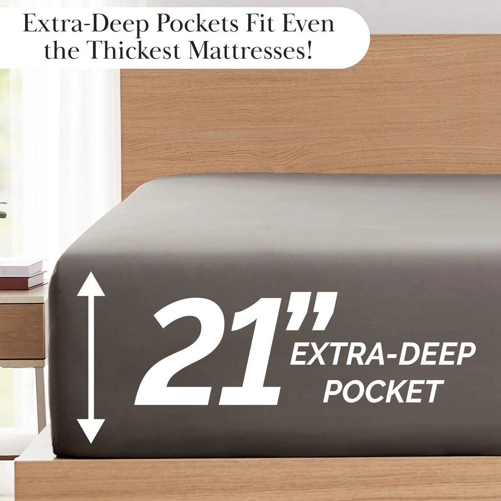 Pleated Microfiber Bed Sheet Set with 21-Inch Extra Deep Pockets for a Soft and Coordinated Bedroom — Dark Taupe / King