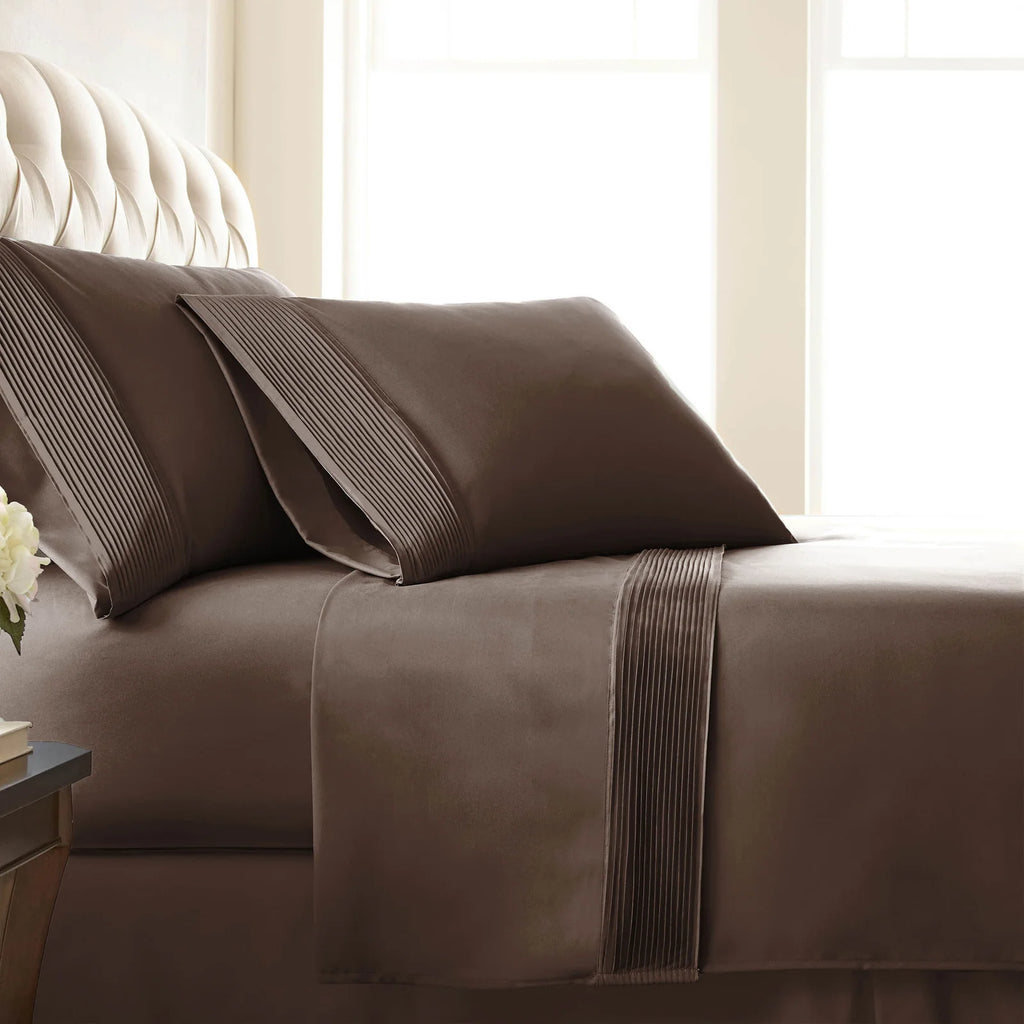 Pleated Microfiber Bed Sheet Set with 21-Inch Extra Deep Pockets for a Soft and Coordinated Bedroom — Brown / Queen