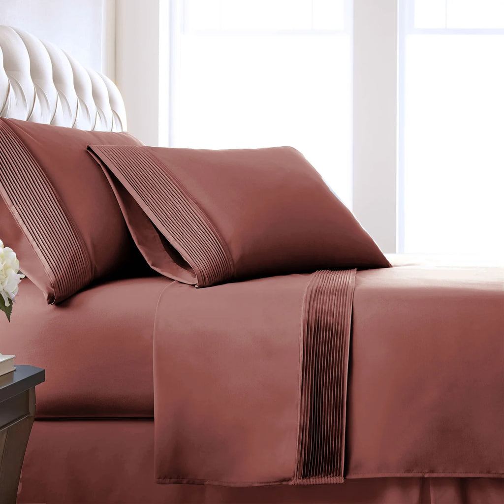 Pleated Microfiber Bed Sheet Set with 21-Inch Extra Deep Pockets for a Soft and Coordinated Bedroom — Marsala / King