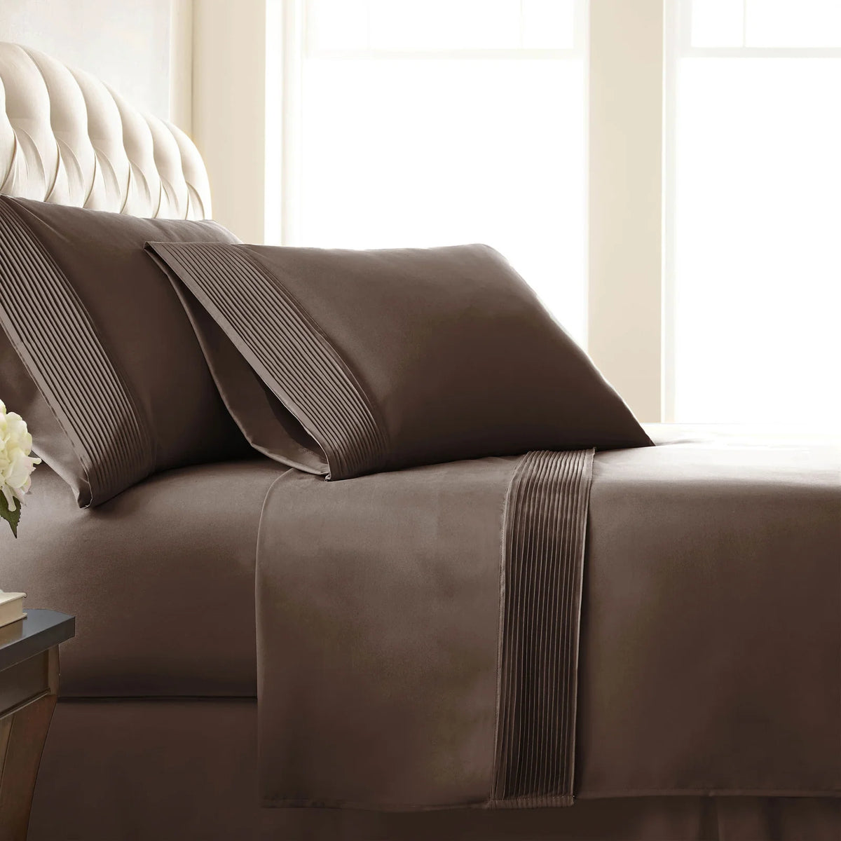 Pleated Microfiber Bed Sheet Set with 21-Inch Extra Deep Pockets for a Soft and Coordinated Bedroom — Brown / Split King