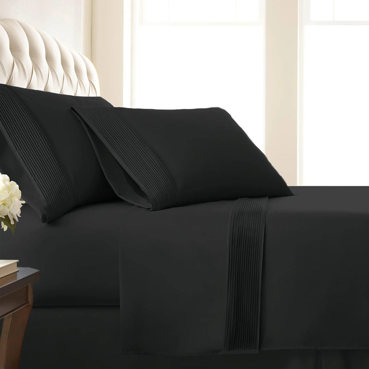 Pleated Microfiber Bed Sheet Set with 21-Inch Extra Deep Pockets for a Soft and Coordinated Bedroom — Black / California King
