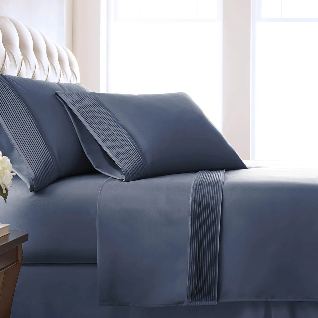 Pleated Microfiber Bed Sheet Set with 21-Inch Extra Deep Pockets for a Soft and Coordinated Bedroom — Dark Blue / Full