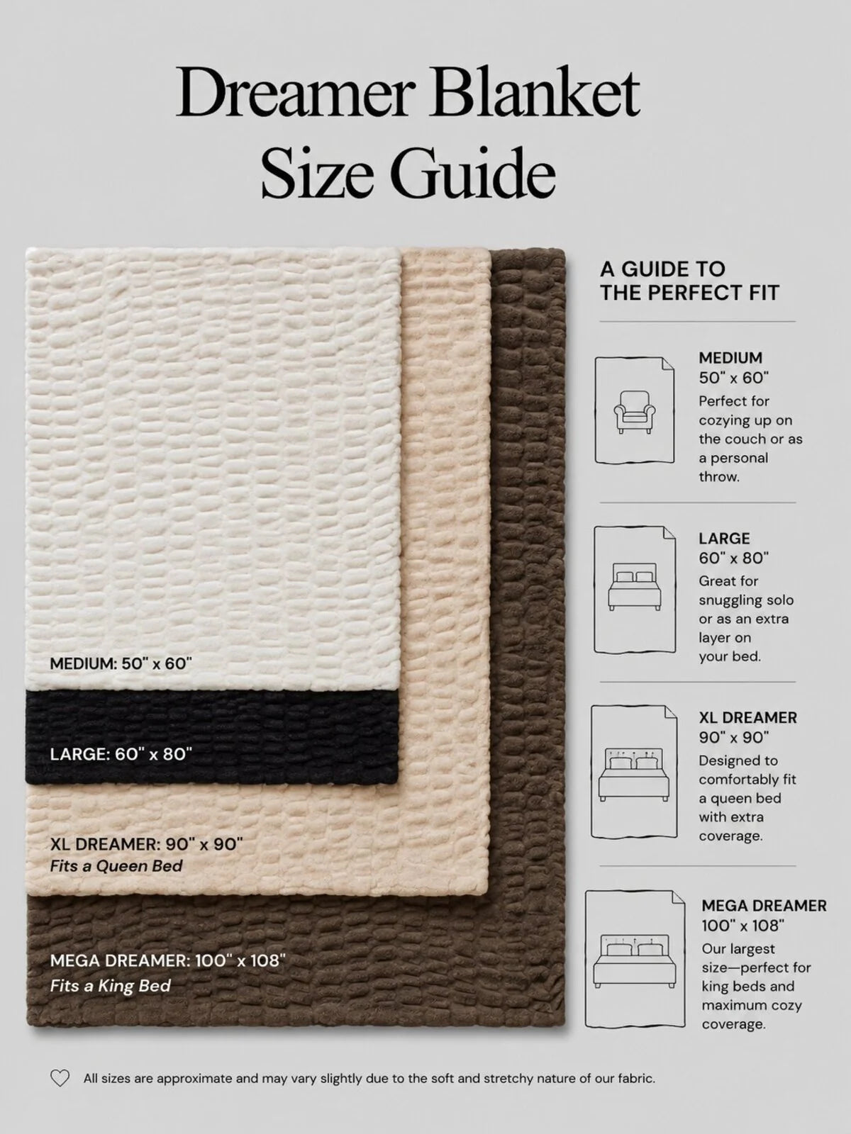 Plush Blanket for Bed or Couch with Four-Way Stretch, Four Sizes and Soft Washable Comfort