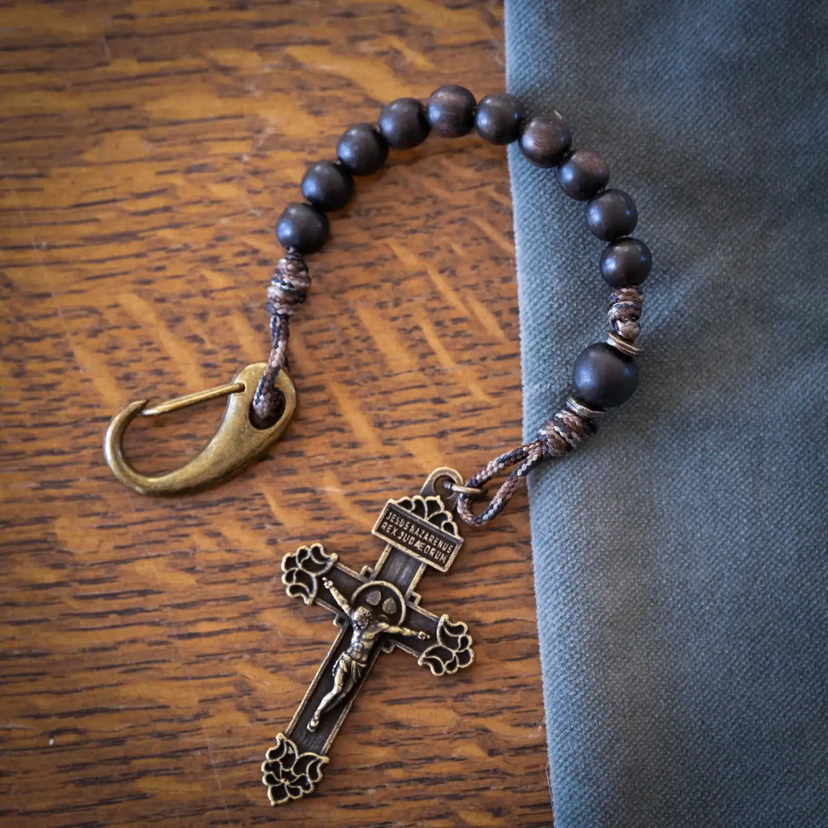 Pocket Rosary with Ebony Prayer Beads and an Antique Bronze Pardon Crucifix for Single-Decade Prayer